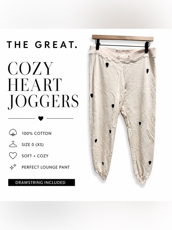 THE GREAT. Pants - The GREAT. Heart Print Joggers Size 0 Cream Cotton Sweatpants Cozy Lounge Pants